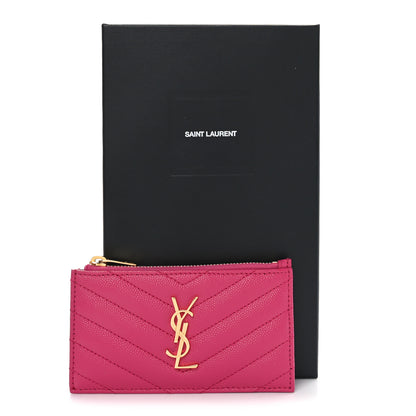 Saint Laurent Grain De Poudre Matelasse Chevron Monogram Fragments Zippered Card Case Fresh Fuxia 7 of 7
