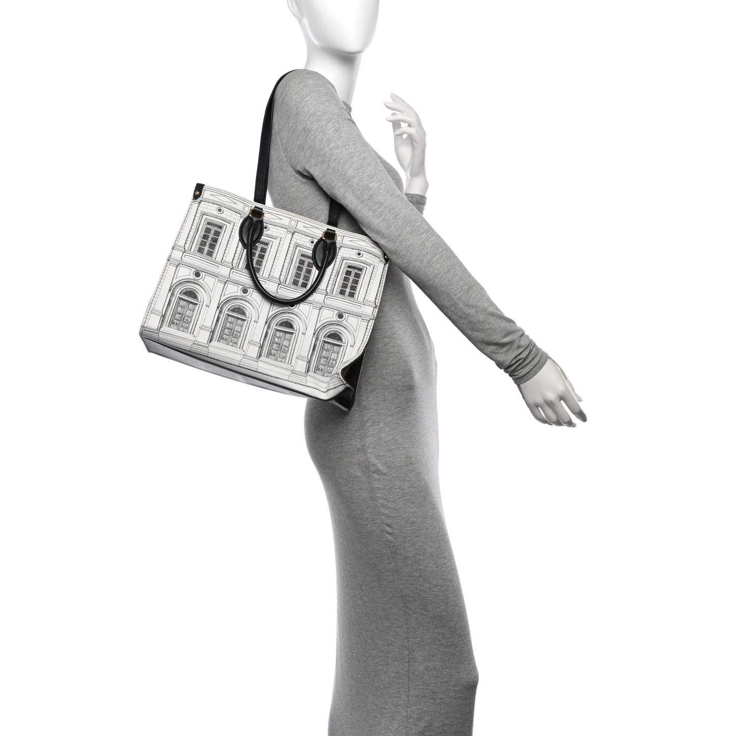 X FORNASETTI Calfskin Architettura Onthego MM Black White