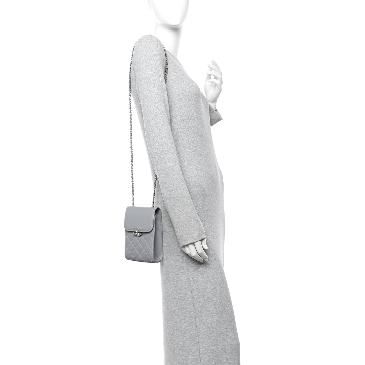 Grained Calfskin Quilted CC Box Clutch With Chain Grey