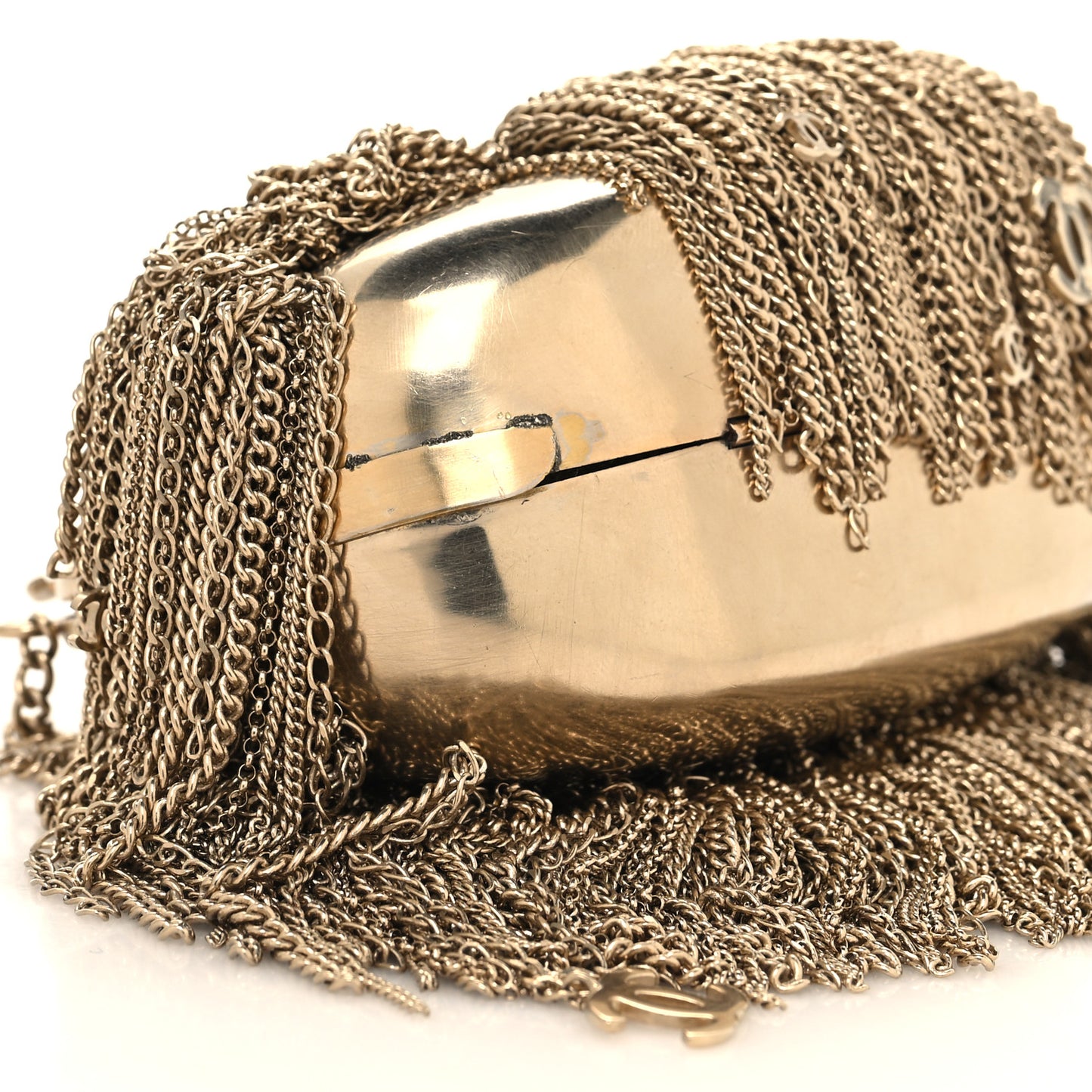 Metal Seashell Kiss Lock CC Chain Fringe Minaudiere Clutch Gold