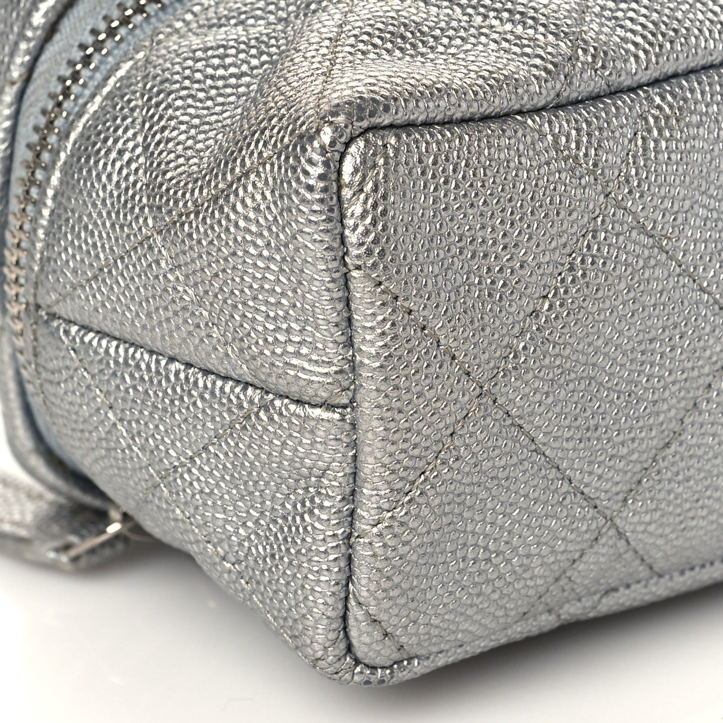 Metallic Caviar Quilted Mini Top Handle Vanity With Chain Silver