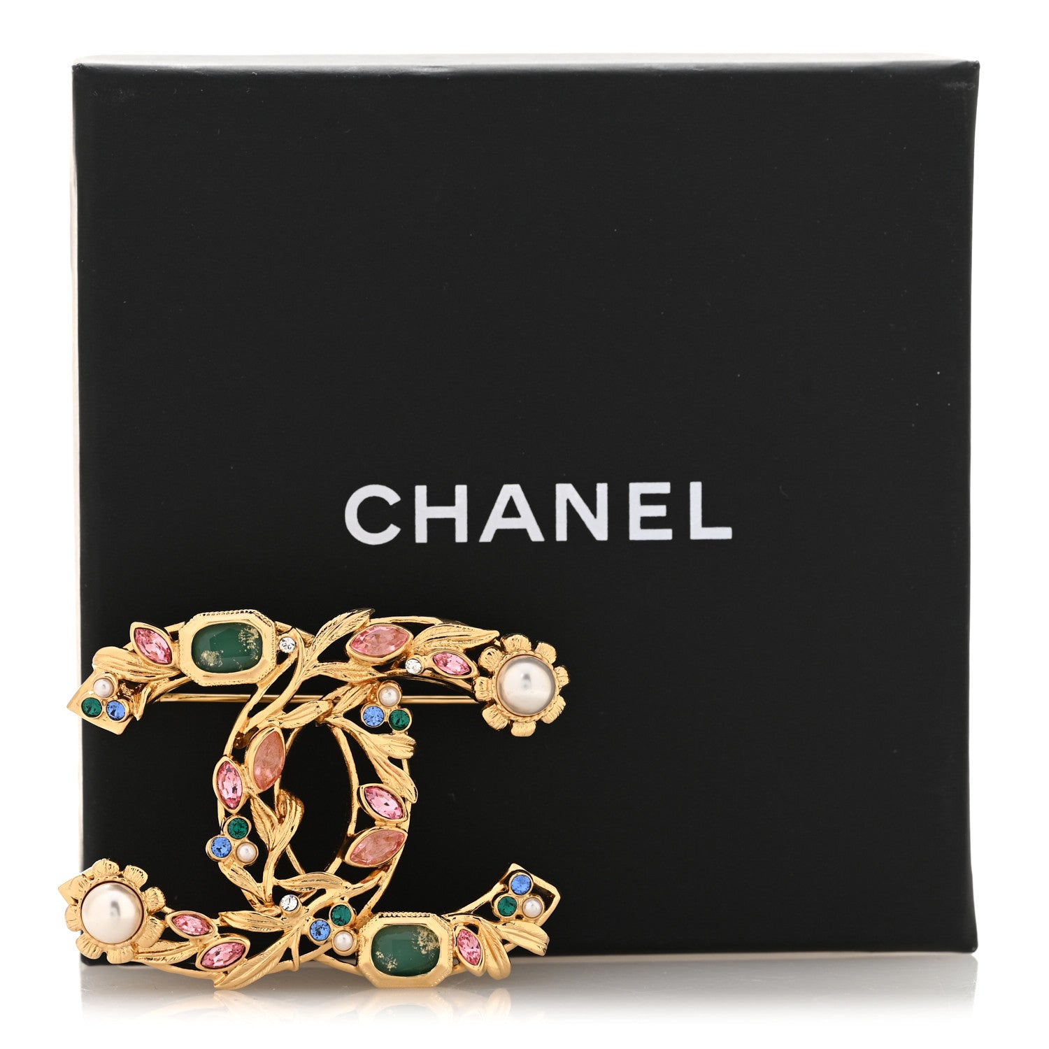 Chanel Crystal Pearl CC Leaf Brooch Gold Multicolor 4 of 4