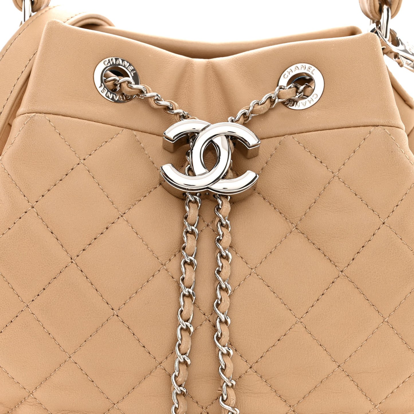 Lambskin Quilted Small CC Chain Bucket Drawstring Bag Light Beige