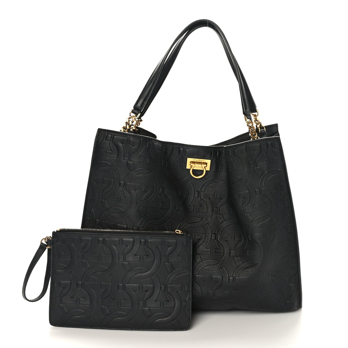 Calfskin Gancini Embossed Trifolio Tote Bag Black