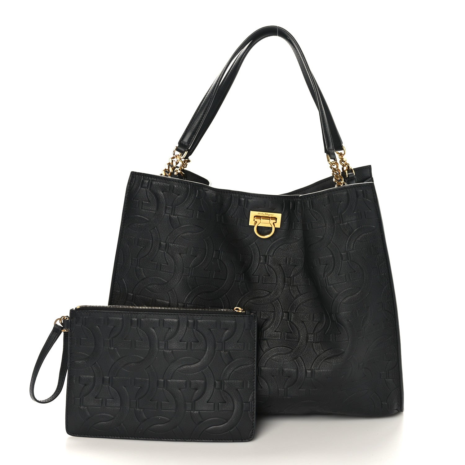 Salvatore Ferragamo Calfskin Gancini Embossed Trifolio Tote Bag Black 3 of 9