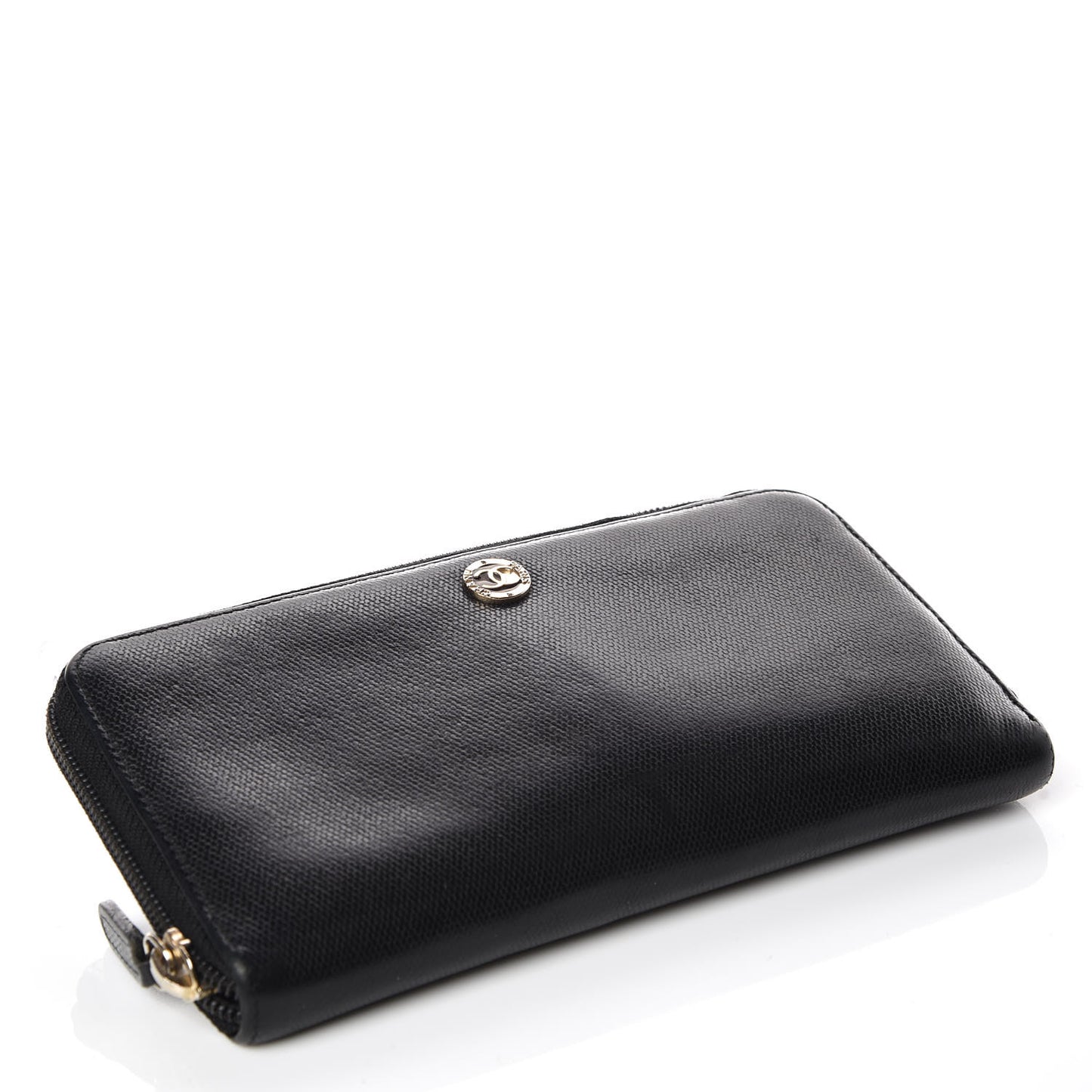 Grained Calfskin Large CC Zip Around Wallet Black