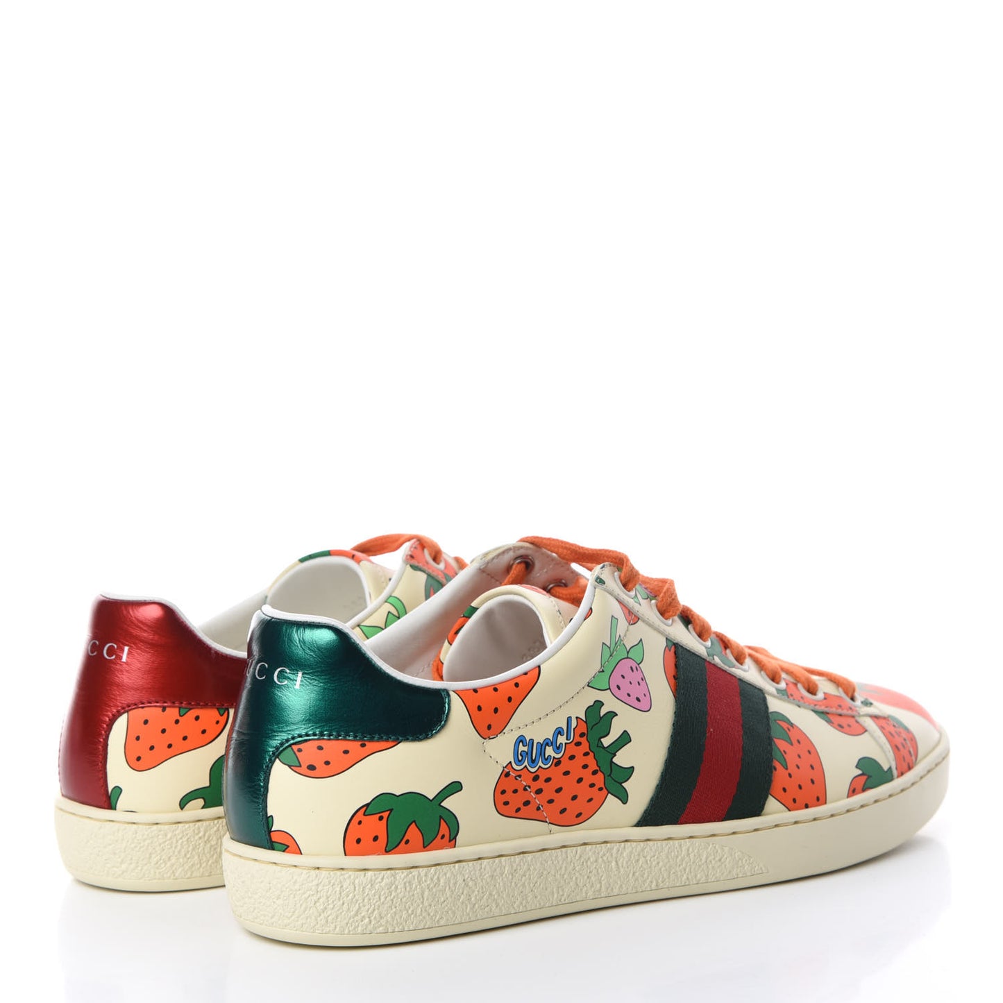 Calfskin Web Strawberry Print Womens Ace Sneakers 40 Ivory Red Green