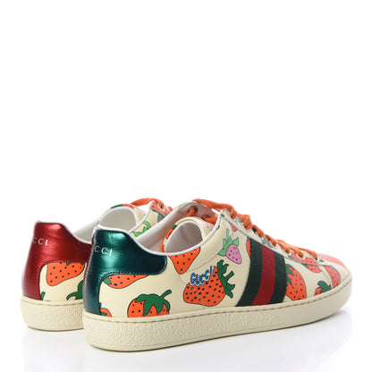 Gucci Calfskin Web Strawberry Print Womens Ace Sneakers 40 Ivory Red Green 4 of 10
