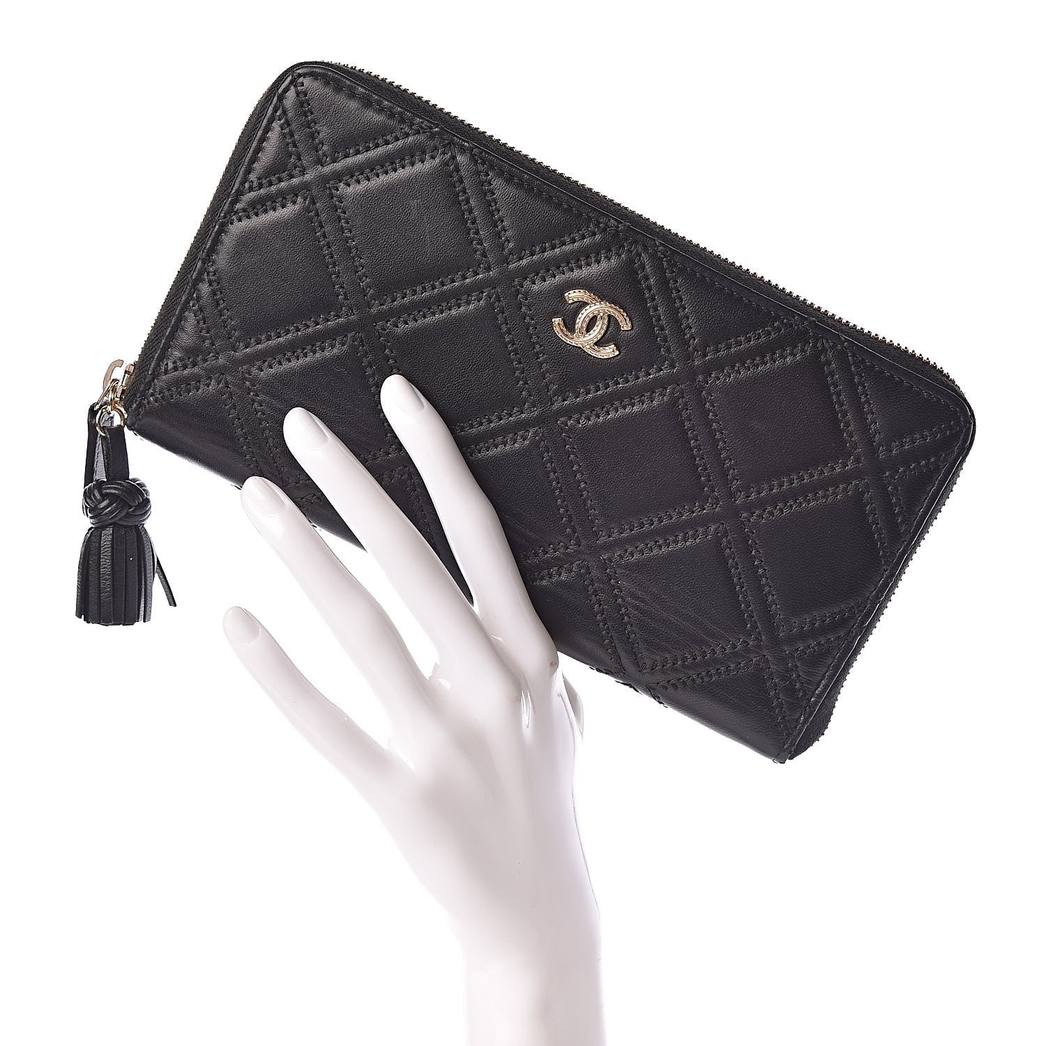 Chanel Lambskin Diamond Stitched Large Zip Around Organizer Wallet Black 2 of 9