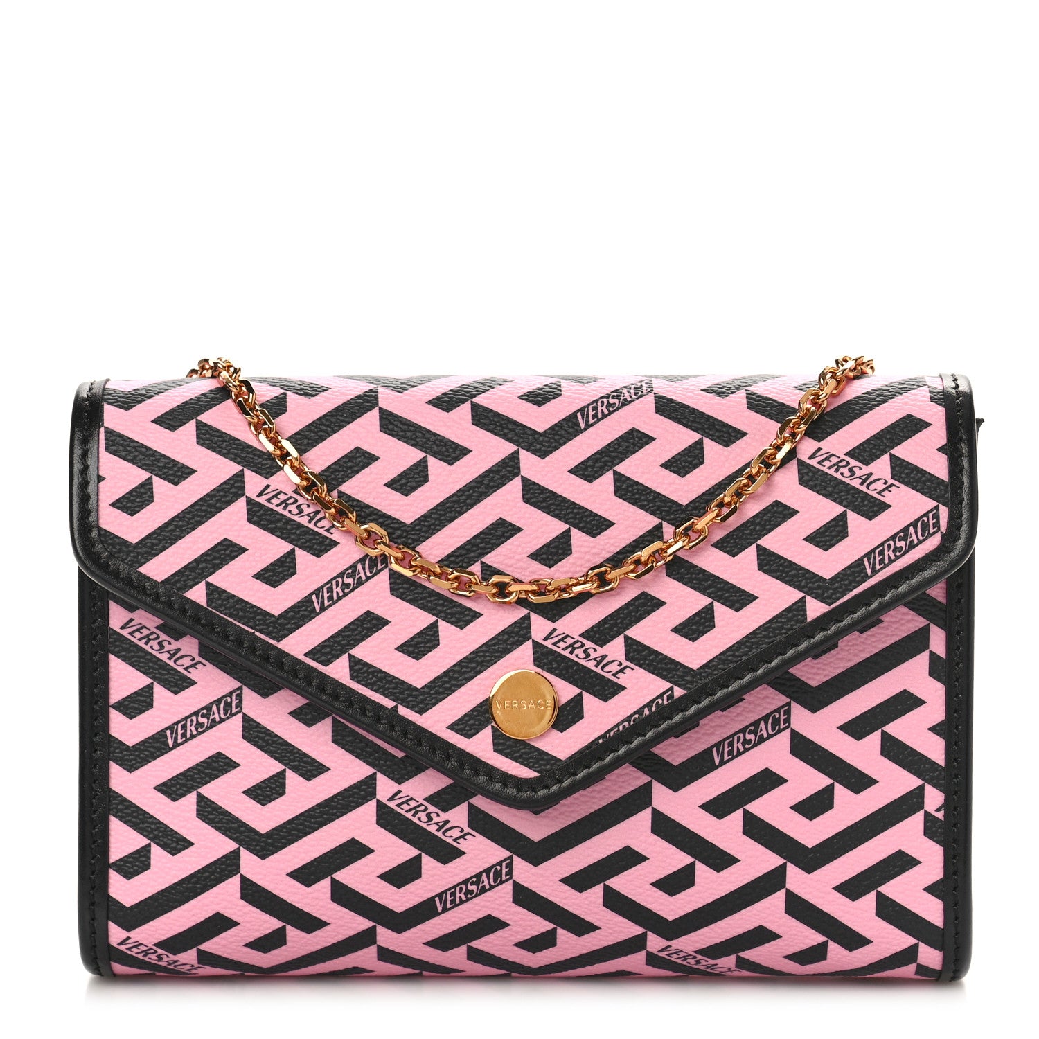 Versace Coated Canvas La Greca Signature Wallet On Chain Black Pink 1 of 8