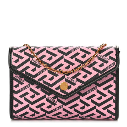 Versace Coated Canvas La Greca Signature Wallet On Chain Black Pink 1 of 8