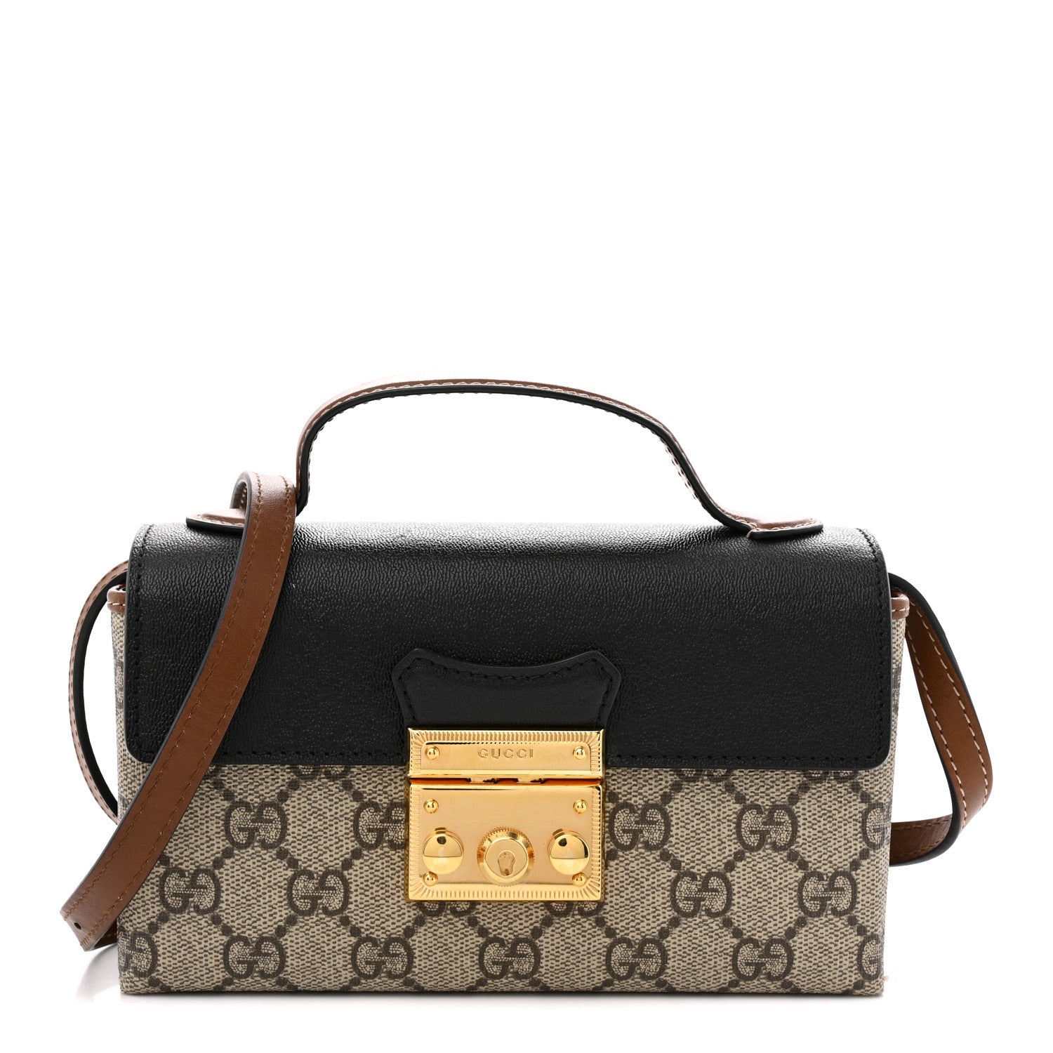 Gucci GG Supreme Monogram Calfskin Mini Padlock Top Handle Shoulder Bag Beige Black Cuir 1 of 12