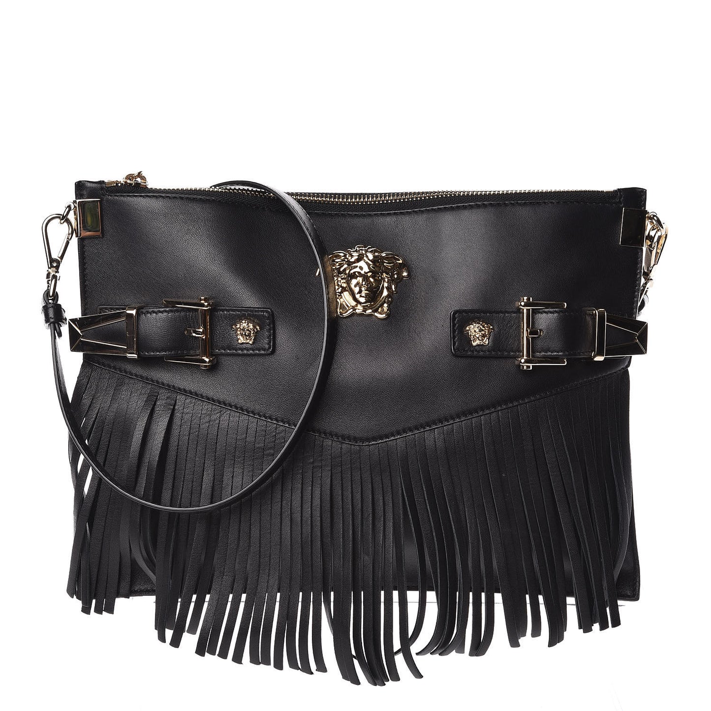 Calfskin Palazzo Fringe Crossbody Bag Black