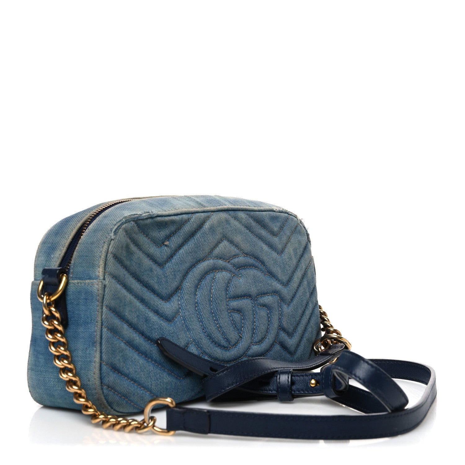 Gucci Denim Matelasse Small Pearly GG Marmont Chain Shoulder Bag Blue 3 of 12