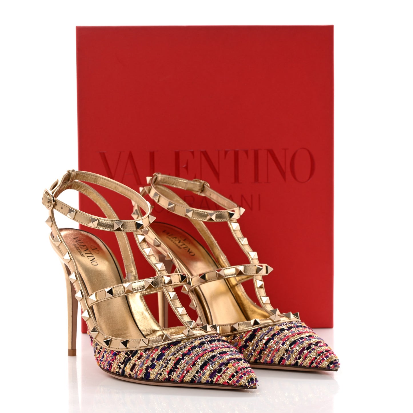 Metallic Nappa Tweed Rockstud Ankle Strap 100mm Pumps 40 Gold Multicolor