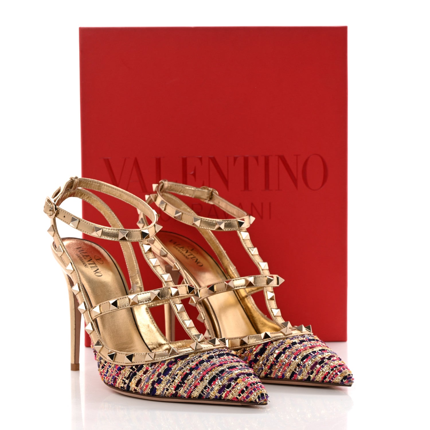 Valentino Garavani Metallic Nappa Tweed Rockstud Ankle Strap 100mm Pumps 40 Gold Multicolor 10 of 10