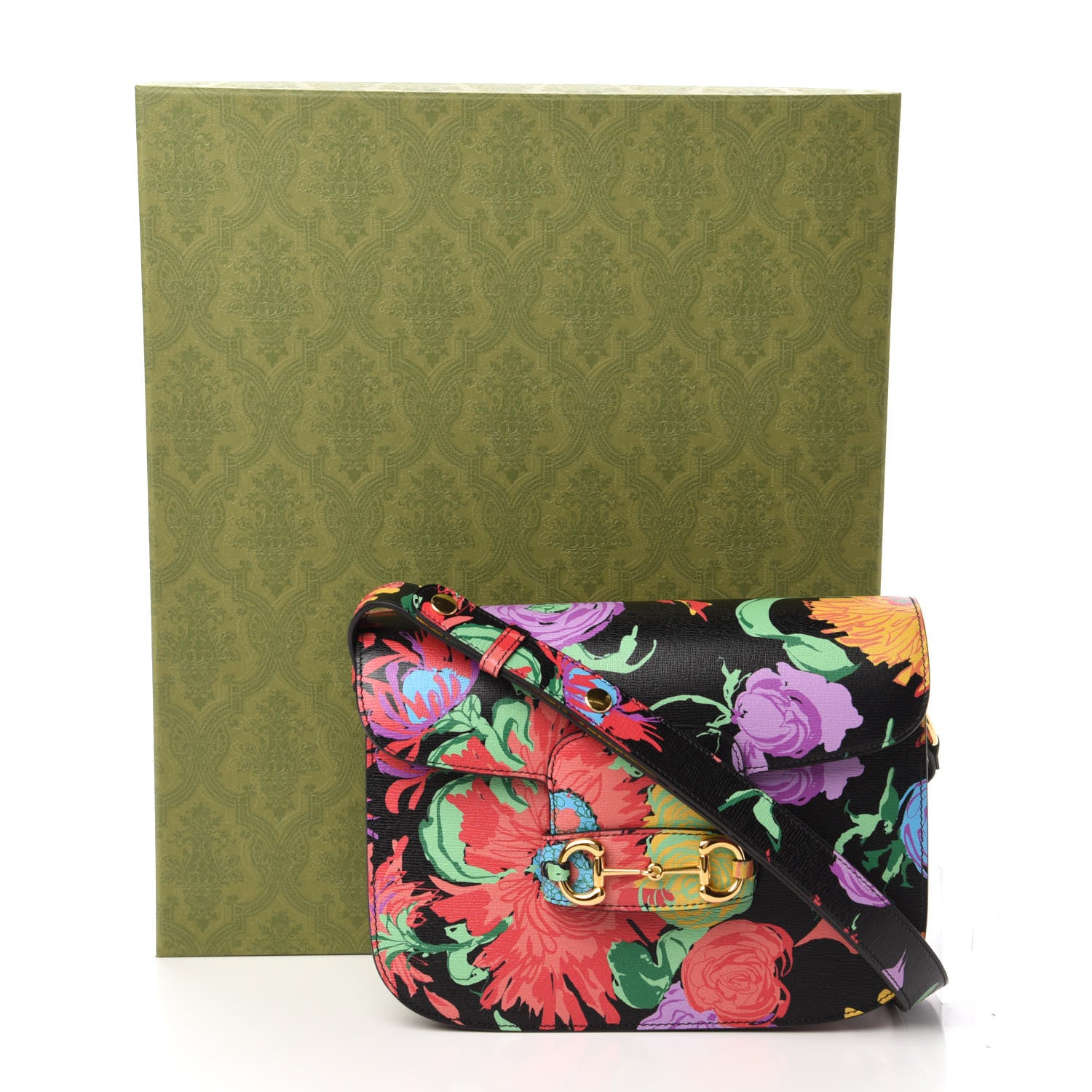 Gucci X KEN SCOTT New Shangai Calfskin Jenny Floral Print Horsebit 1955 Shoulder Bag Black Pink 11 of 11