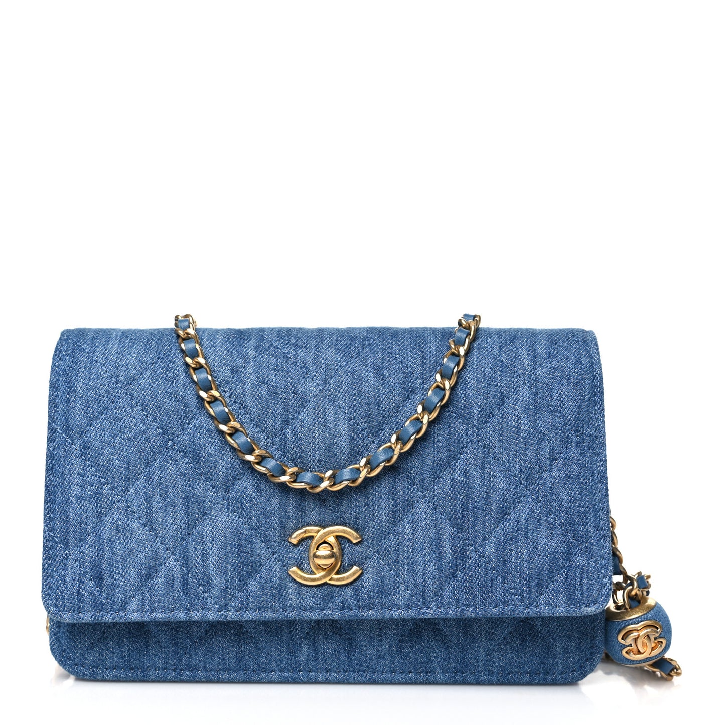 Denim Quilted CC Pearl Crush Wallet on Chain WOC Blue