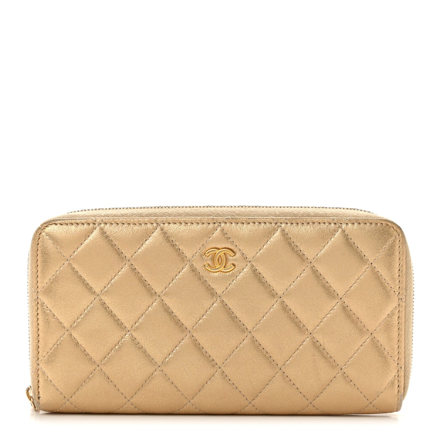 Metallic Lambskin Quilted Large Gusset Zip Around Wallet Gold