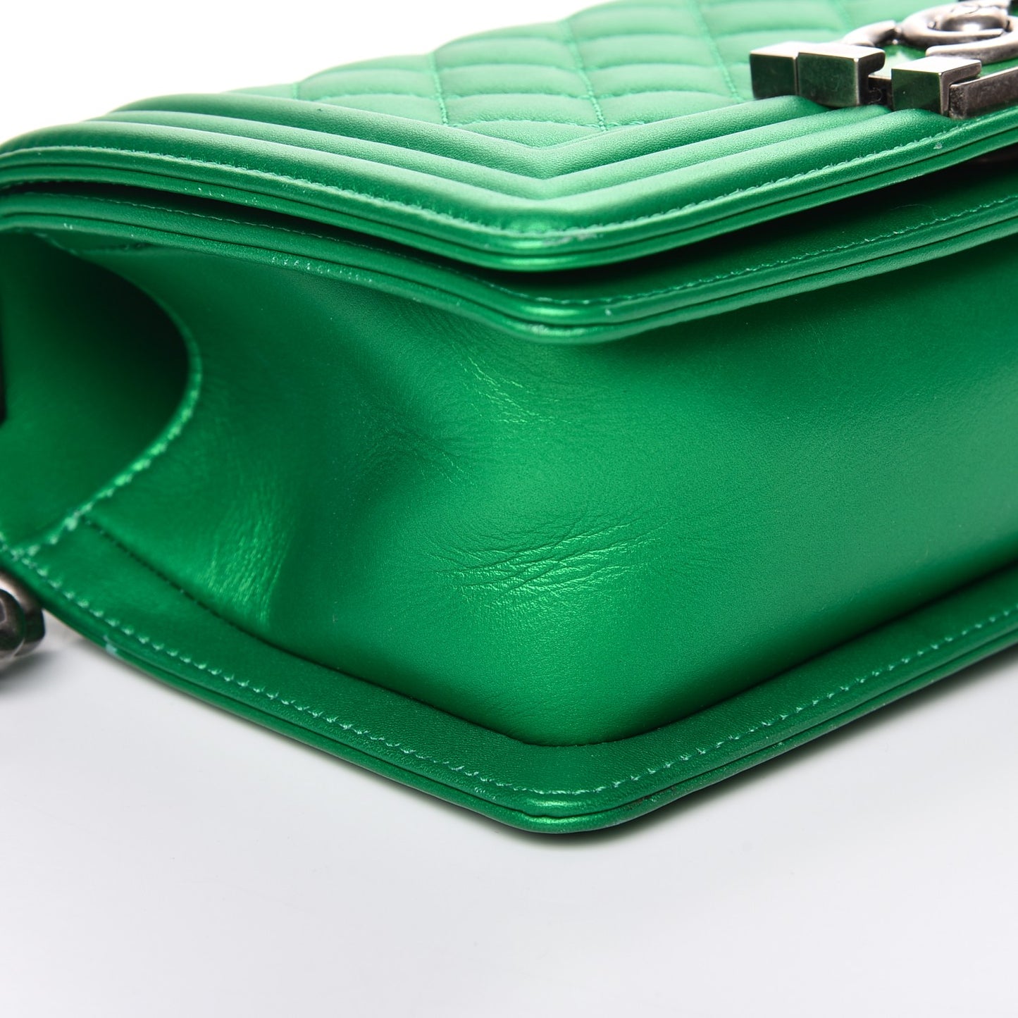 Metallic Calfskin Quilted Small Boy Flap Green