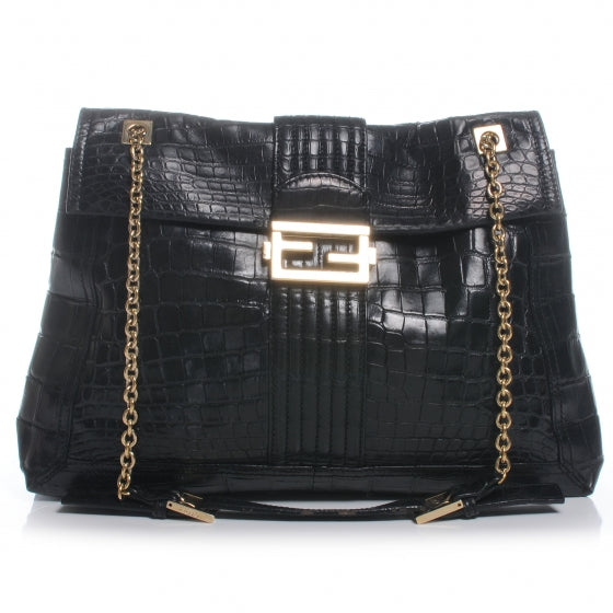 Calfskin Crocodile Embossed Maxi Baguette Black