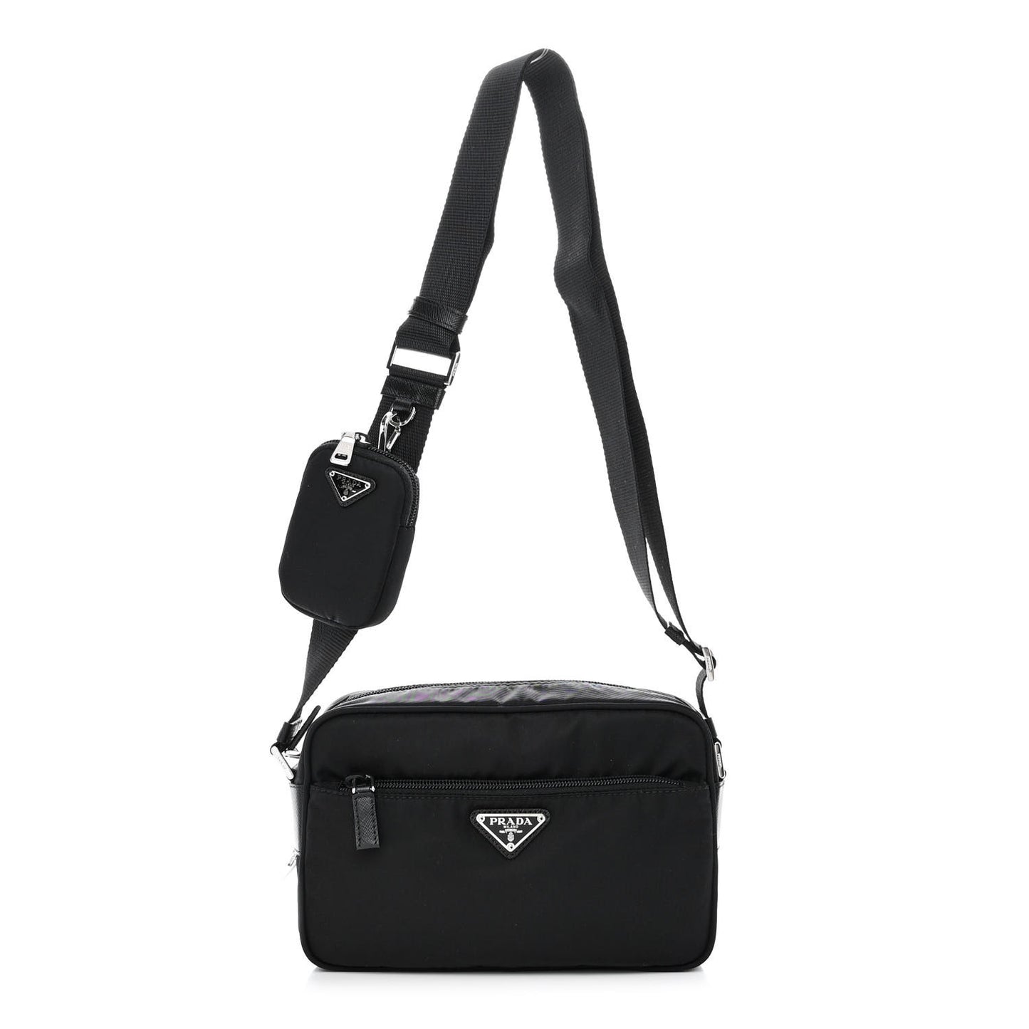 Re-Nylon Vela Saffiano Pocket Double Zip Shoulder Bag Black