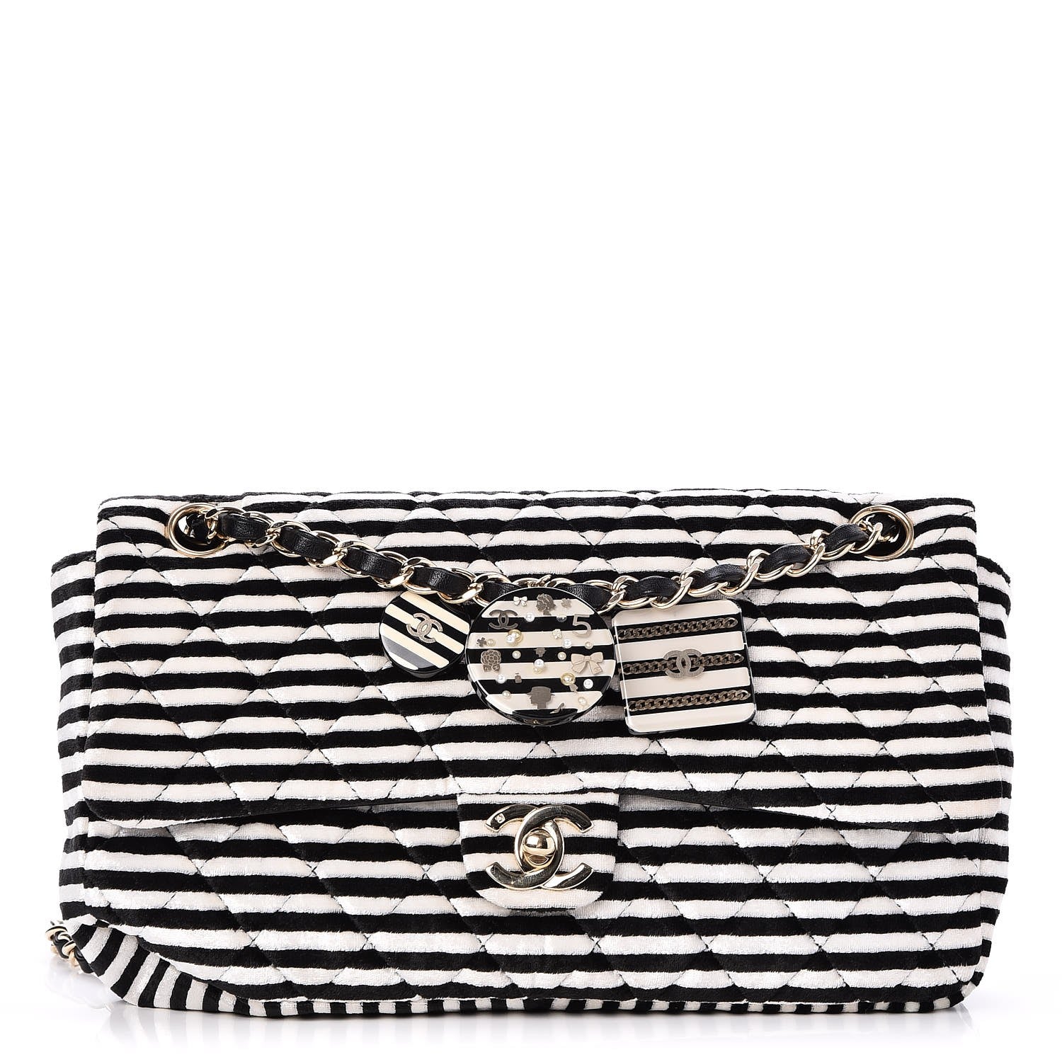 Chanel Velvet Quilted Medium Flap Black White 1 of 9