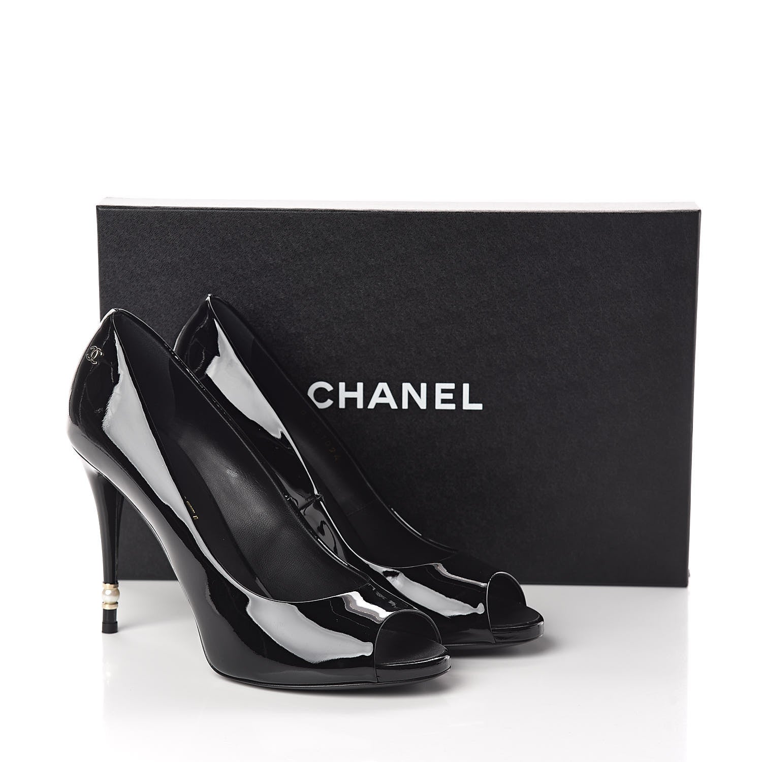 Chanel Patent Pearl Embellished Heel Peep Toe CC Pumps 41 Black 8 of 8