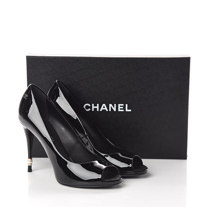 Chanel Patent Pearl Embellished Heel Peep Toe CC Pumps 41 Black 8 of 8