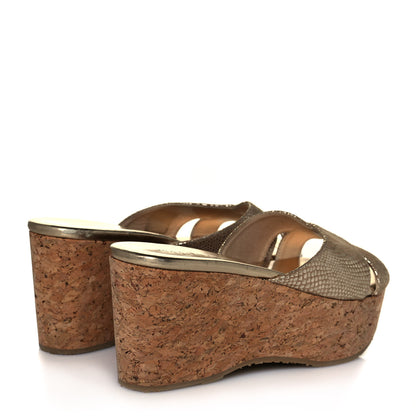 Jimmy Choo Metallic Suede Snakeskin Embossed Prima Cork Wedge Sandals 36.5 Gold 4 of 11