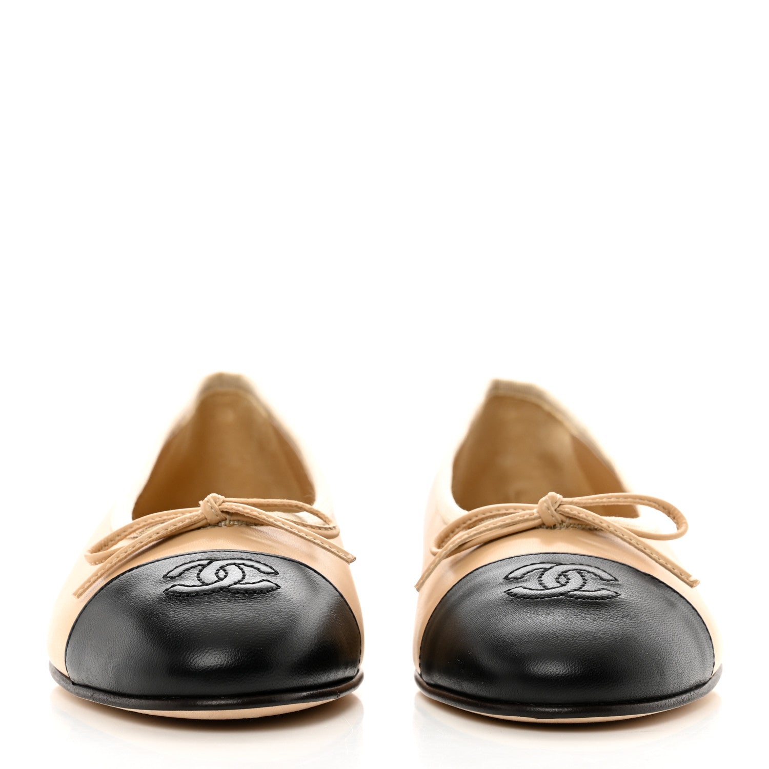 Chanel Lambskin Cap Toe CC Ballerina Flats 37.5 Beige Black 2 of 9
