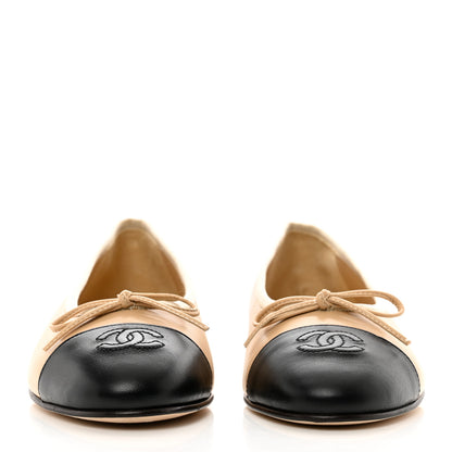 Chanel Lambskin Cap Toe CC Ballerina Flats 37.5 Beige Black 2 of 9