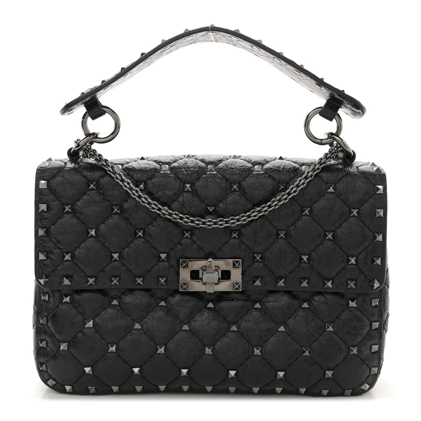 Craquele Nappa Medium Rockstud Spike Shoulder Bag Black