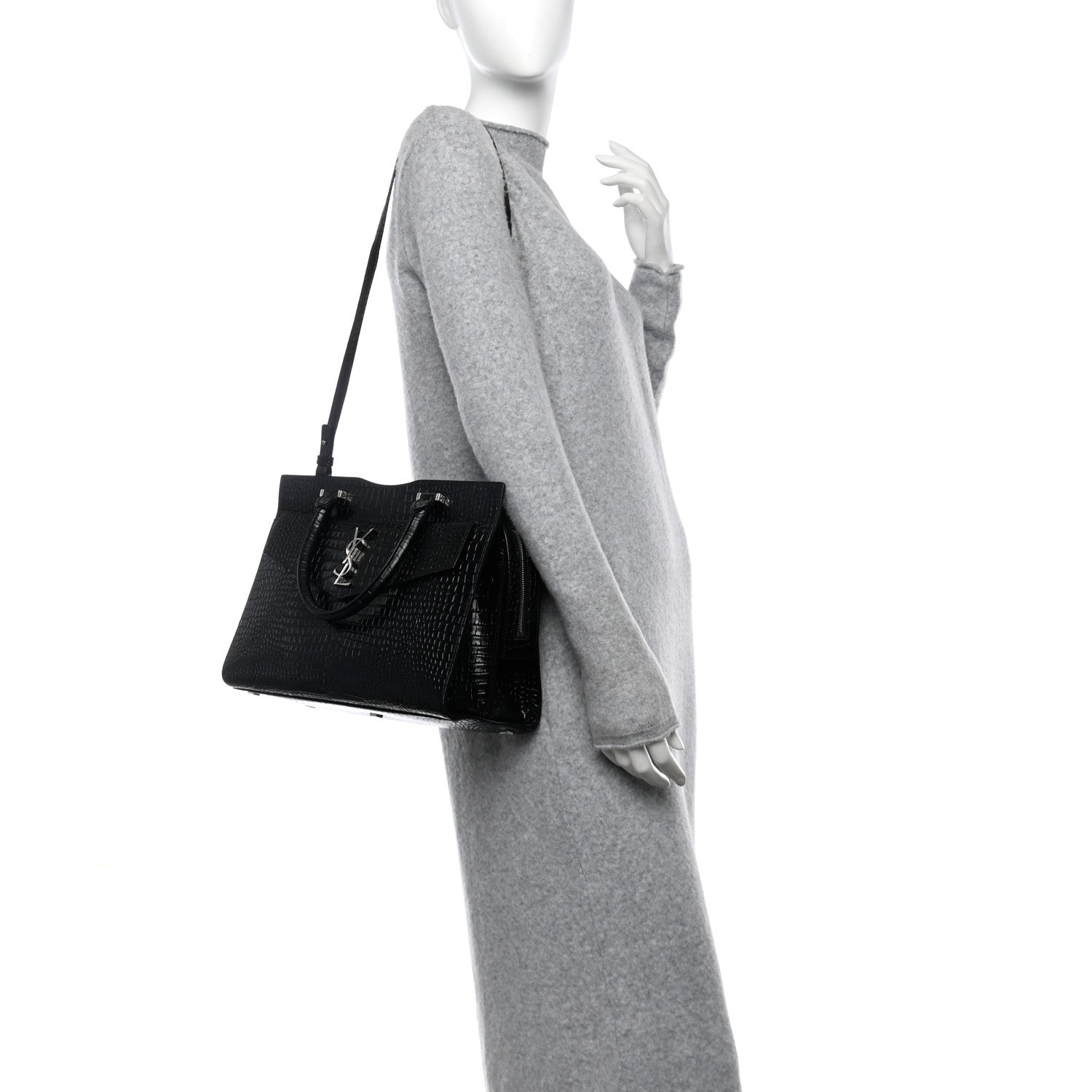Saint Laurent Croc Calfskin Embossed Medium Uptown Tote Black 3 of 11