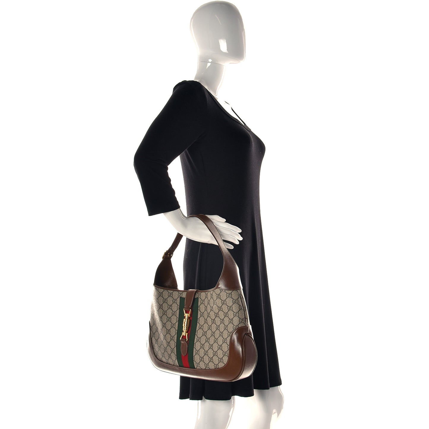 GG Supreme Monogram Azalea Calfskin Web Medium Jackie 1961 Hobo Beige Ebony Brown Sugar