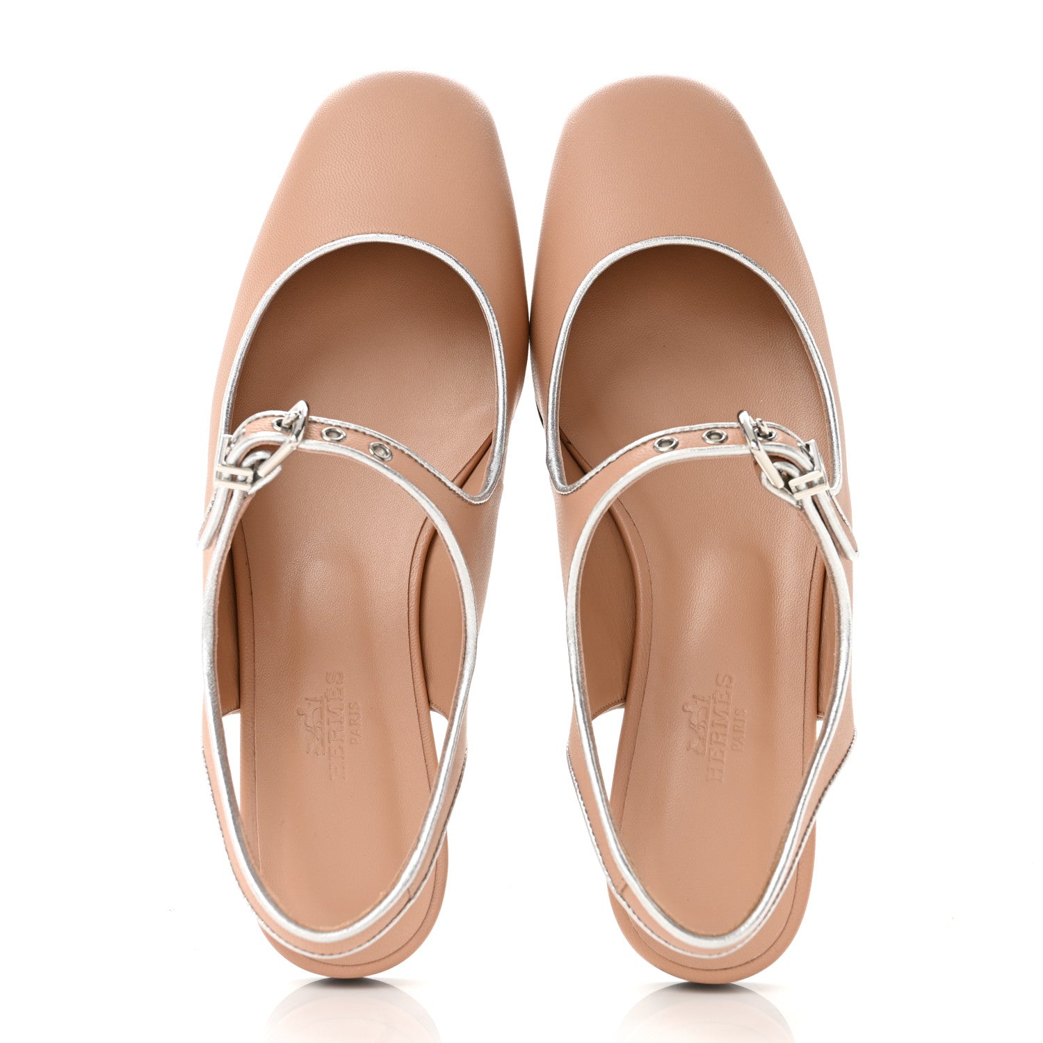 Hermes Goatskin Metallic Nappa Kleo Slingback Flats 37 Beige Perlino Gris Argente 2 of 10