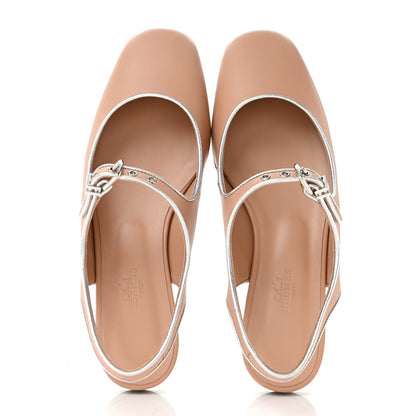 Hermes Goatskin Metallic Nappa Kleo Slingback Flats 37 Beige Perlino Gris Argente 2 of 10
