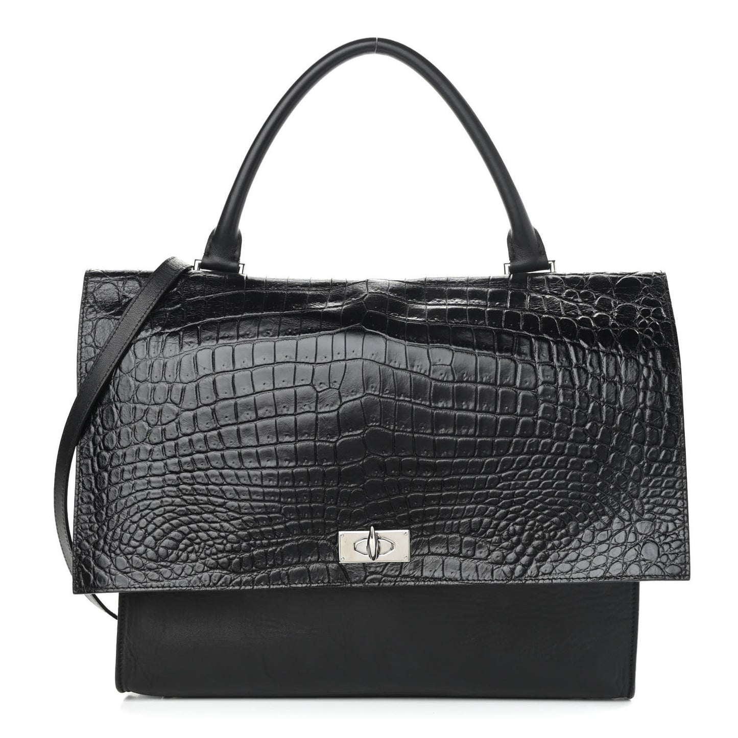 Calfskin Crocodile Embossed Medium Shark Lock Satchel Black