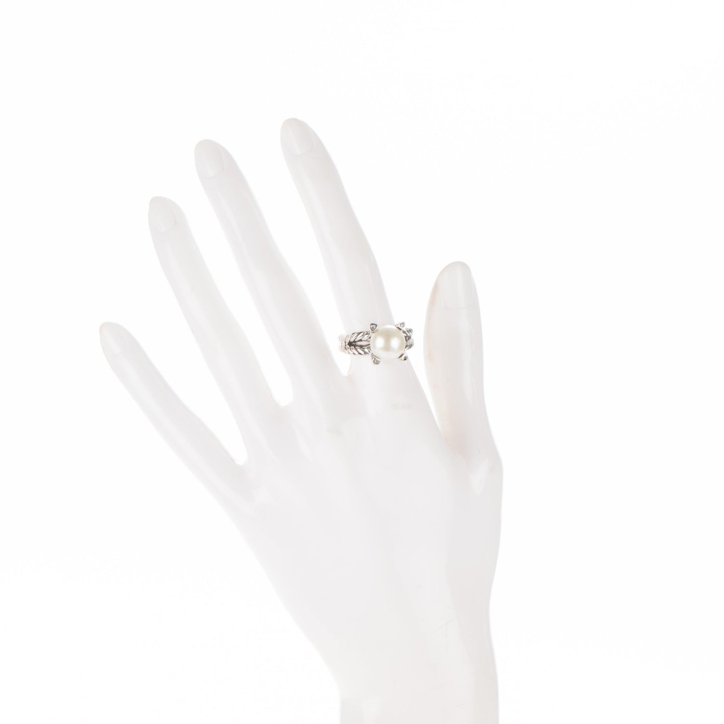 Sterling Silver Pave Diamond 10mm Pearl Cable Ring 6.25