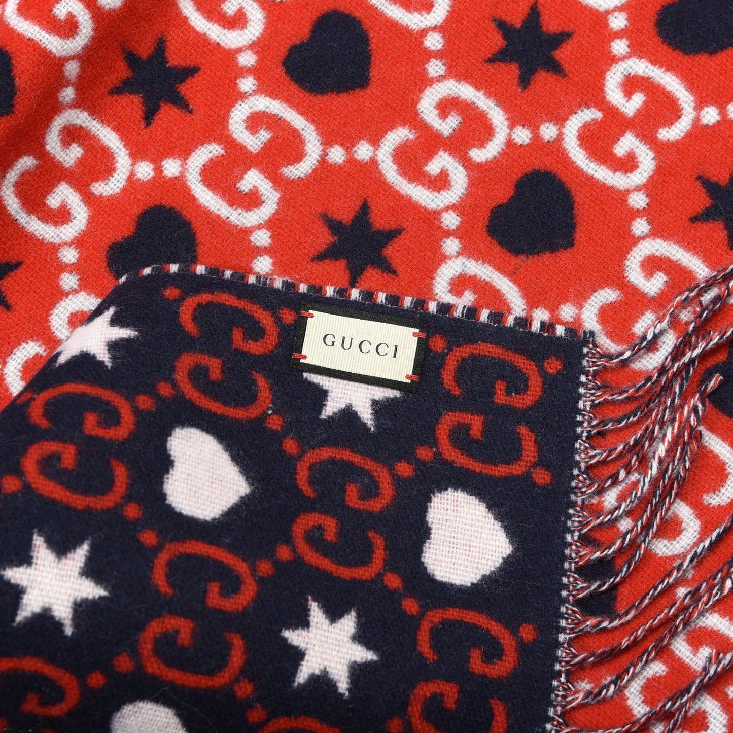 Wool Jacquard GG Monogram Hearts Scarf Red Blue