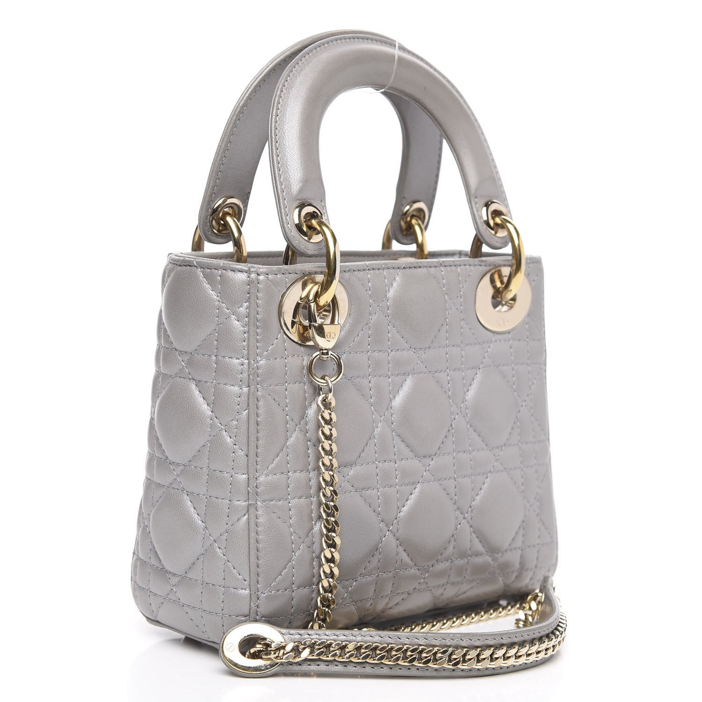 Metallic Lambskin Cannage Mini Lady Dior Grey