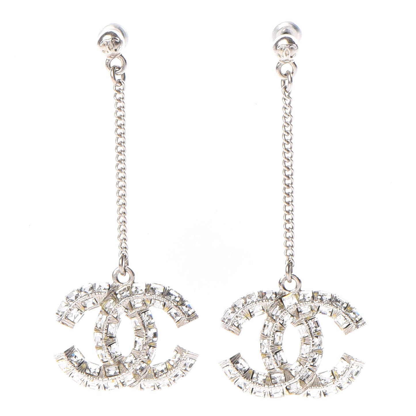 Baguette Crystal CC Drop Earrings Silver
