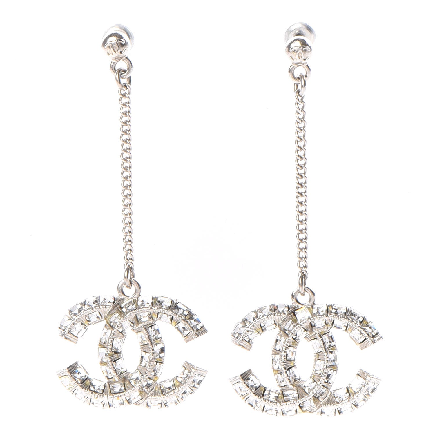 Chanel Baguette Crystal CC Drop Earrings Silver 1 of 3
