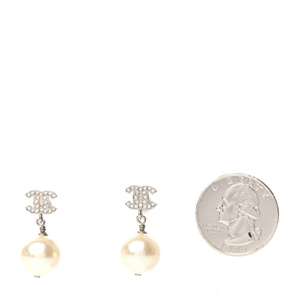 Chanel Crystal Pearl CC Drop Earrings Silver Pearly White 2 of 4