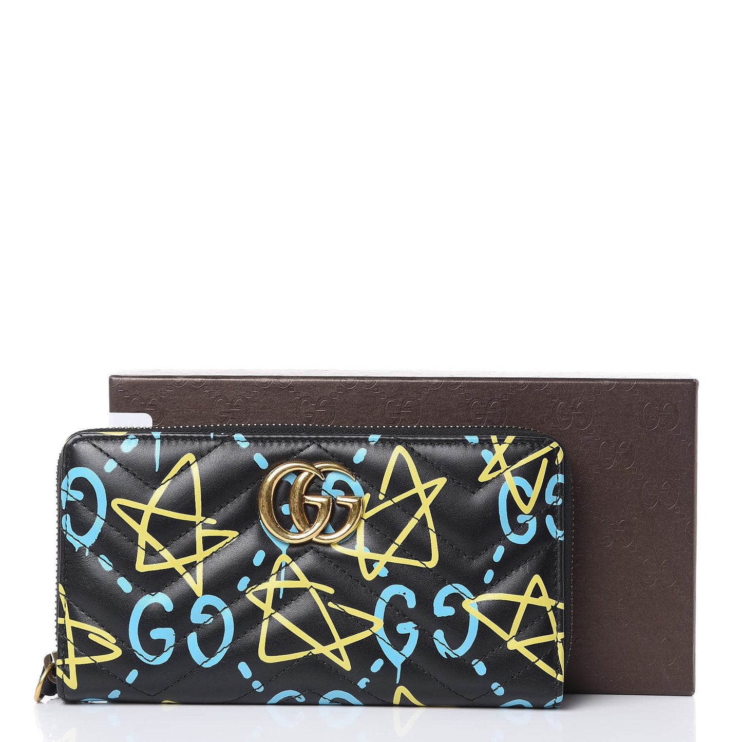 Calfskin Matelasse GucciGhost GG Marmont Zip Around Wallet Black New Acquamarine