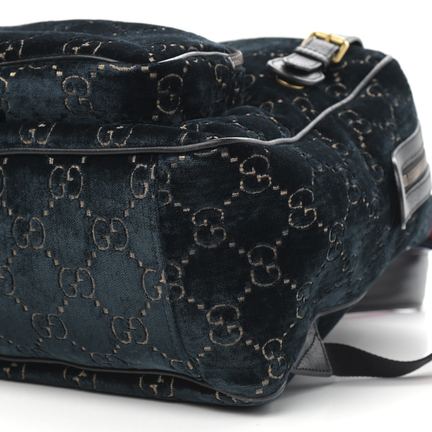 Velvet GG Monogram Textured Calfskin Web Small Double Buckle Backpack Blue Beige Black
