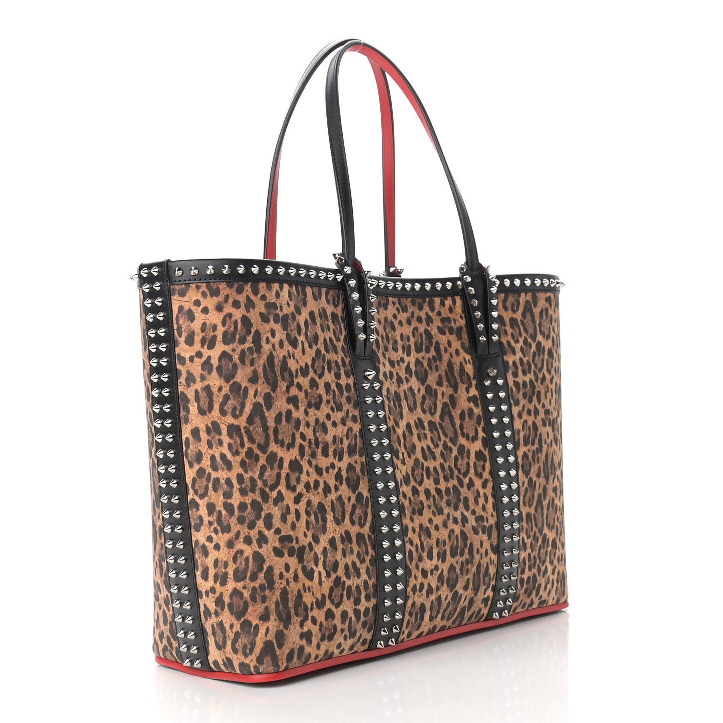 Calfskin Leopard Print Spikes East West Cabata Tote Black