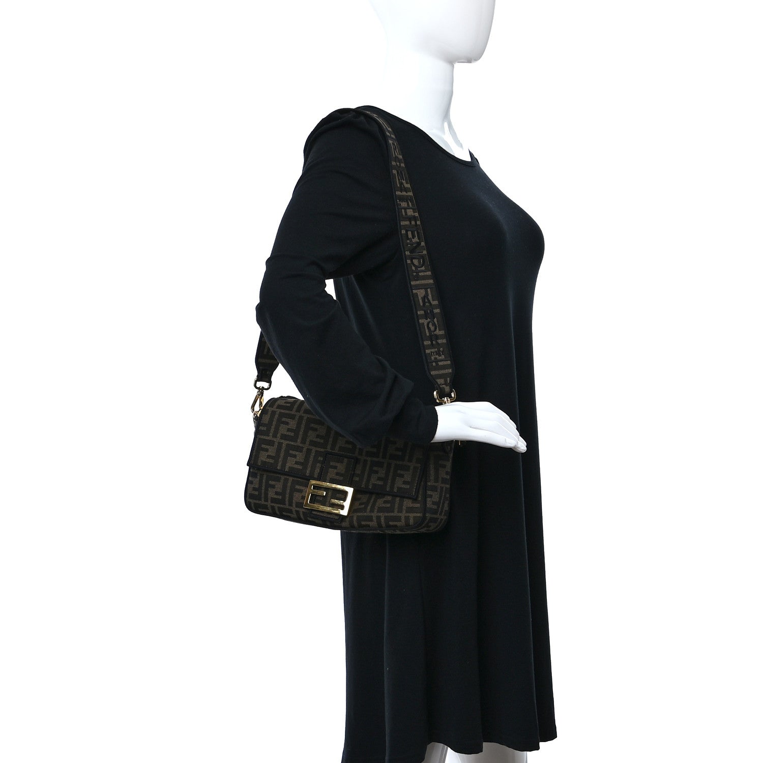 Fendi Fabric Jacquard FF 1974 Medium Baguette Tobacco Moro Black 2 of 9