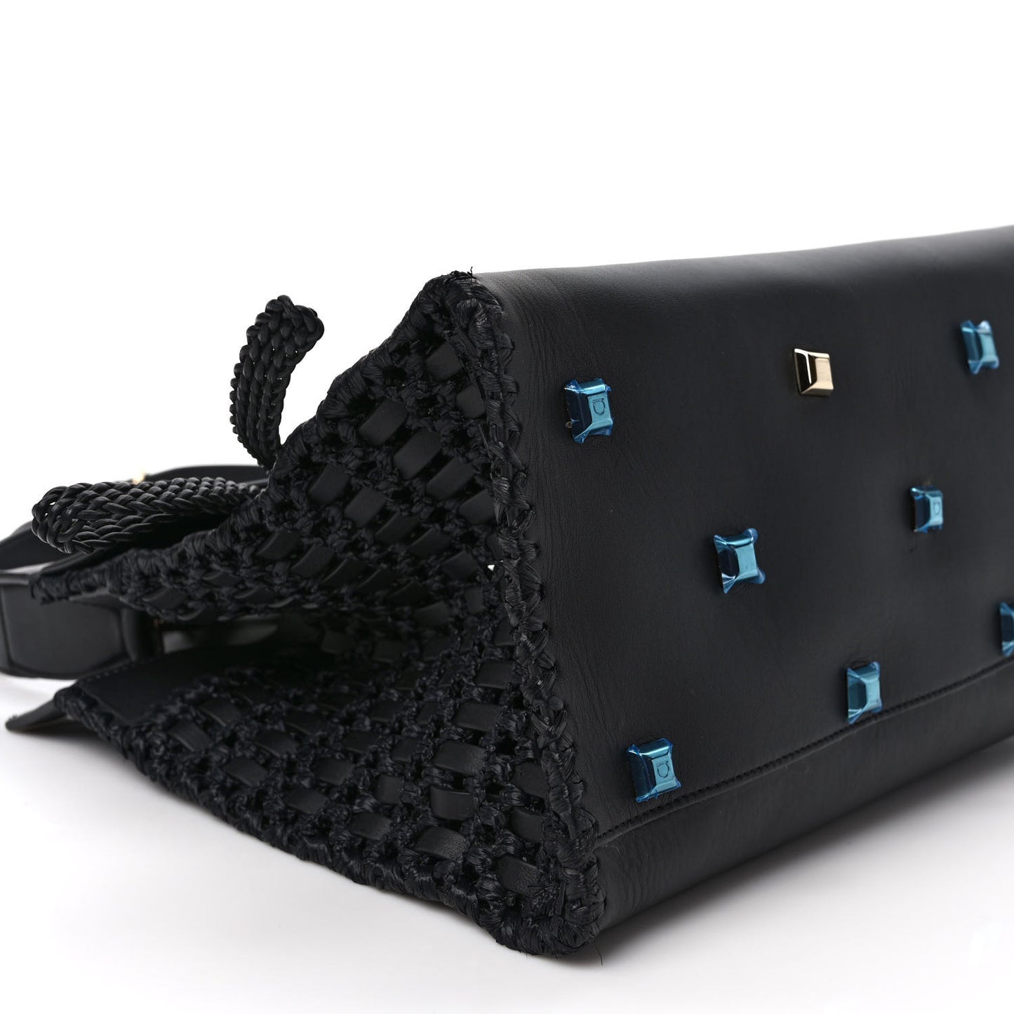 Calfskin Woven Small Studio Top Handle Bag Black