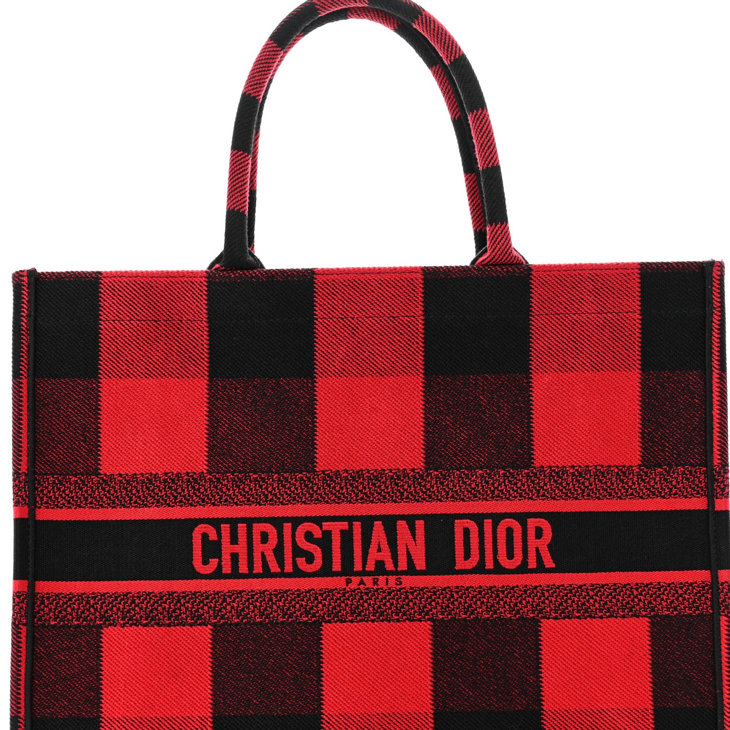 Canvas Embroidered Checkered Book Tote Black Red